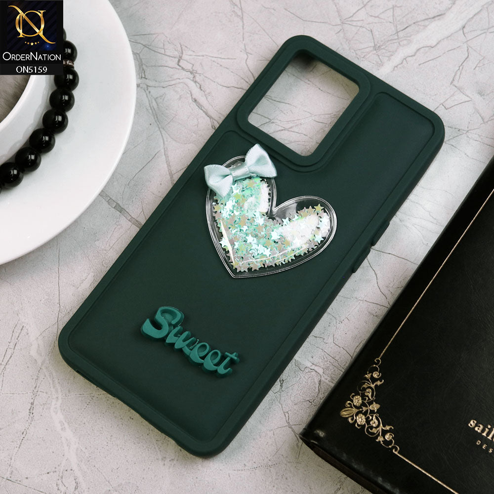 Oppo Reno 7 4G Cover - Green - New Trendy 3D Love Heart (Moving Shiny Stars Glitter) & Bow Candy Color Soft Silicon Case