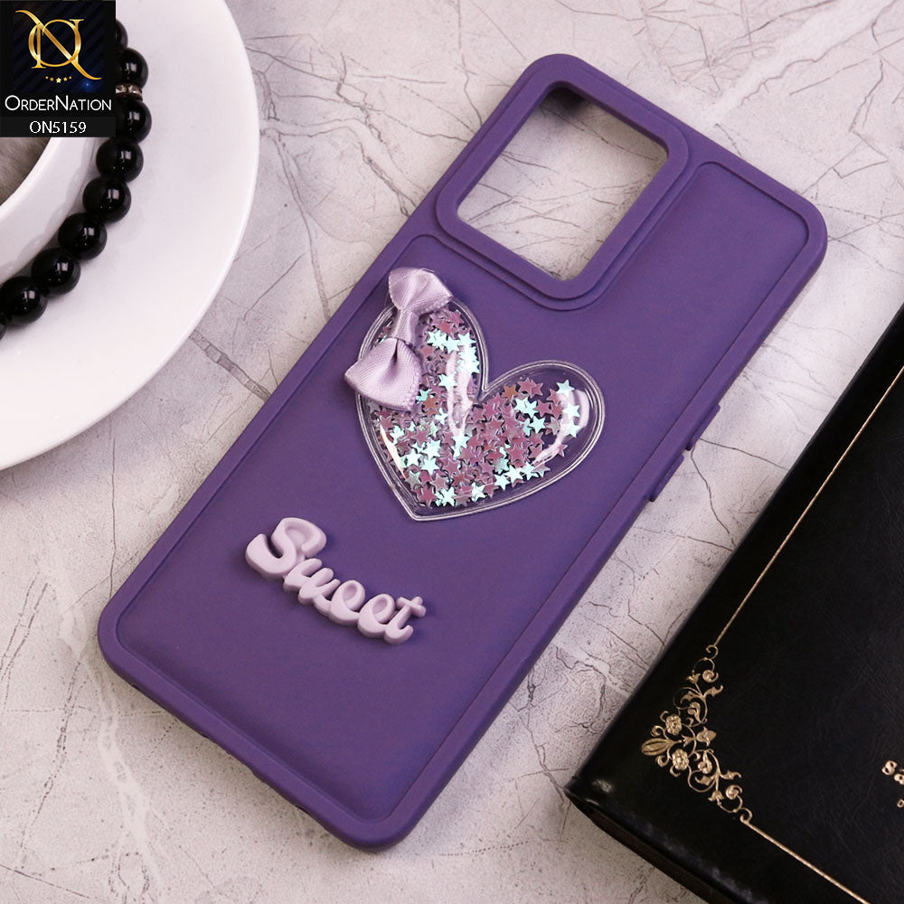 Oppo Reno 7 4G Cover - Purple - New Trendy 3D Love Heart (Moving Shiny Stars Glitter) & Bow Candy Color Soft Silicon Case