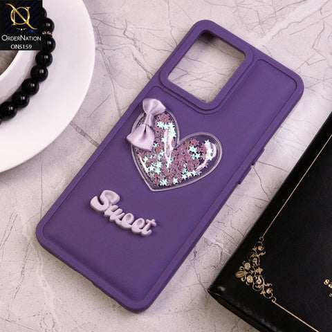 Oppo Reno 7 4G Cover - Purple - New Trendy 3D Love Heart (Moving Shiny Stars Glitter) & Bow Candy Color Soft Silicon Case