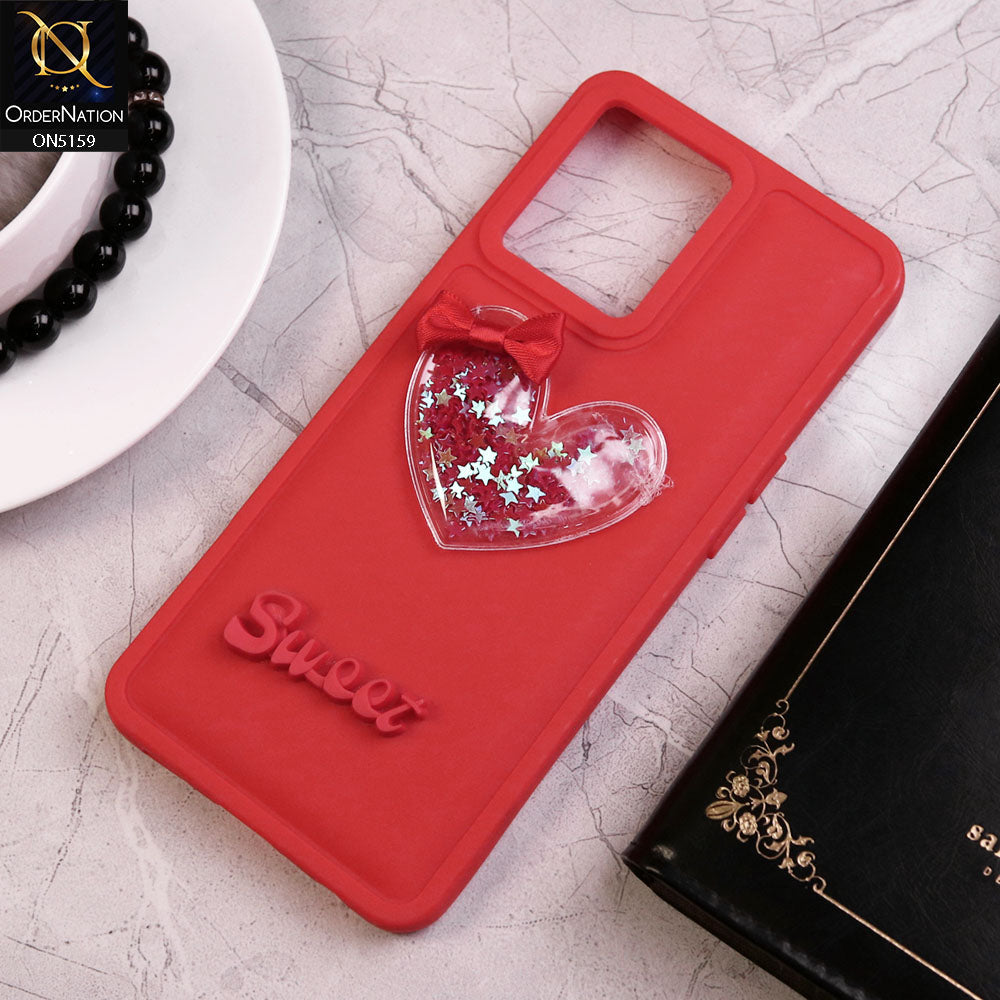Oppo Reno 7 4G Cover - Red - New Trendy 3D Love Heart (Moving Shiny Stars Glitter) & Bow Candy Color Soft Silicon Case