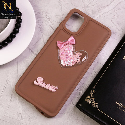Samsung Galaxy A05 Cover - Brown - New Trendy 3D Love Heart (Moving Shiny Stars Glitter) & Bow Candy Color Soft Silicon Case