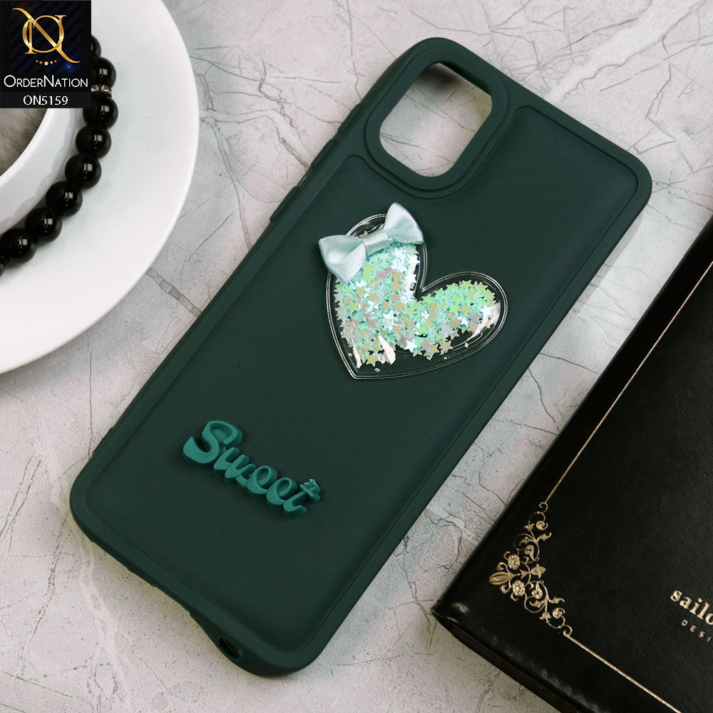 Samsung Galaxy A05 Cover - Green - New Trendy 3D Love Heart (Moving Shiny Stars Glitter) & Bow Candy Color Soft Silicon Case