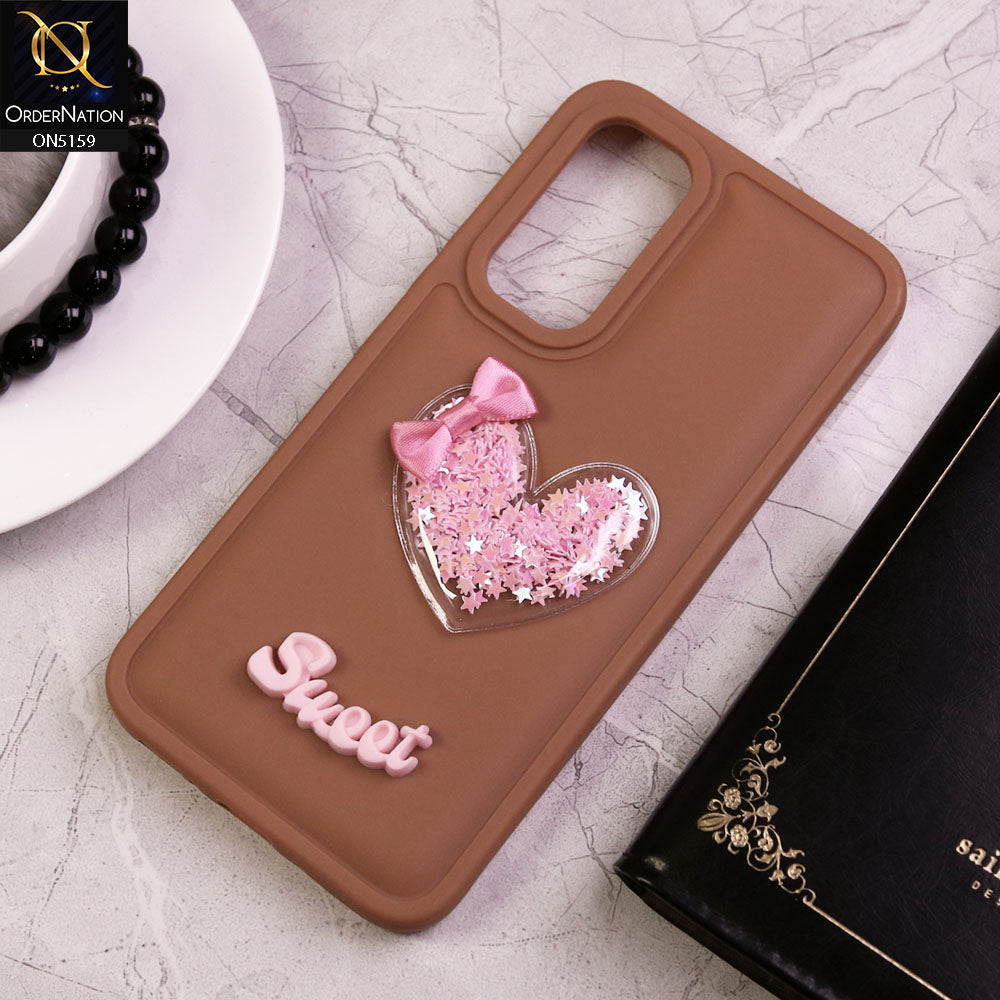 Samsung Galaxy A14 5G Cover - Brown - New Trendy 3D Love Heart (Moving Shiny Stars Glitter) & Bow Candy Color Soft Silicon Case
