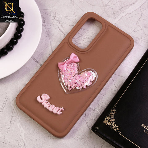 Samsung Galaxy A14 5G Cover - Brown - New Trendy 3D Love Heart (Moving Shiny Stars Glitter) & Bow Candy Color Soft Silicon Case
