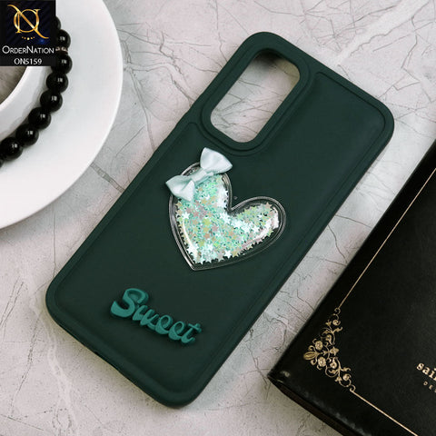 Samsung Galaxy A14 Cover - Green - New Trendy 3D Love Heart (Moving Shiny Stars Glitter) & Bow Candy Color Soft Silicon Case