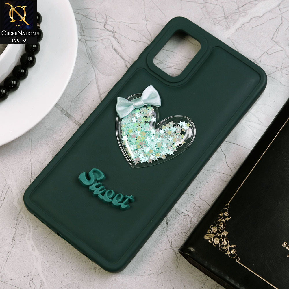 Samsung Galaxy A31 Cover - Green - New Trendy 3D Love Heart (Moving Shiny Stars Glitter) & Bow Candy Color Soft Silicon Case
