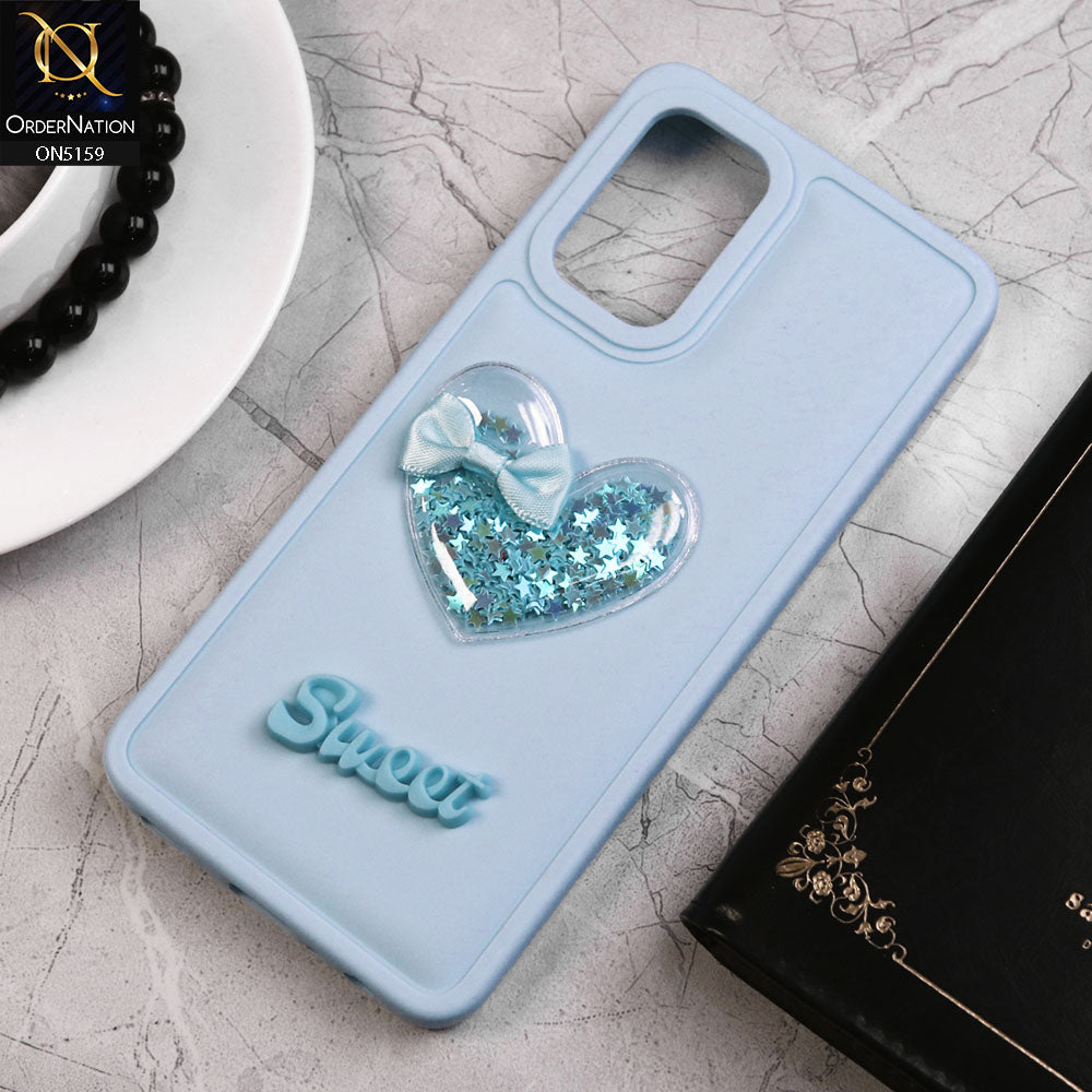 Samsung Galaxy A32 Cover - Blue - New Trendy 3D Love Heart (Moving Shiny Stars Glitter) & Bow Candy Color Soft Silicon Case