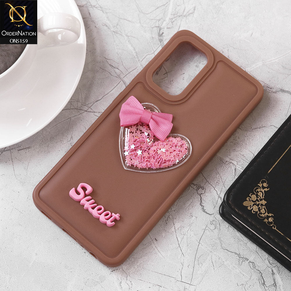 Samsung Galaxy A32 Cover - Brown - Design 2 - New Trendy 3D Love Heart (Moving Shiny Stars Glitter) & Bow Candy Color Soft Silicon Case