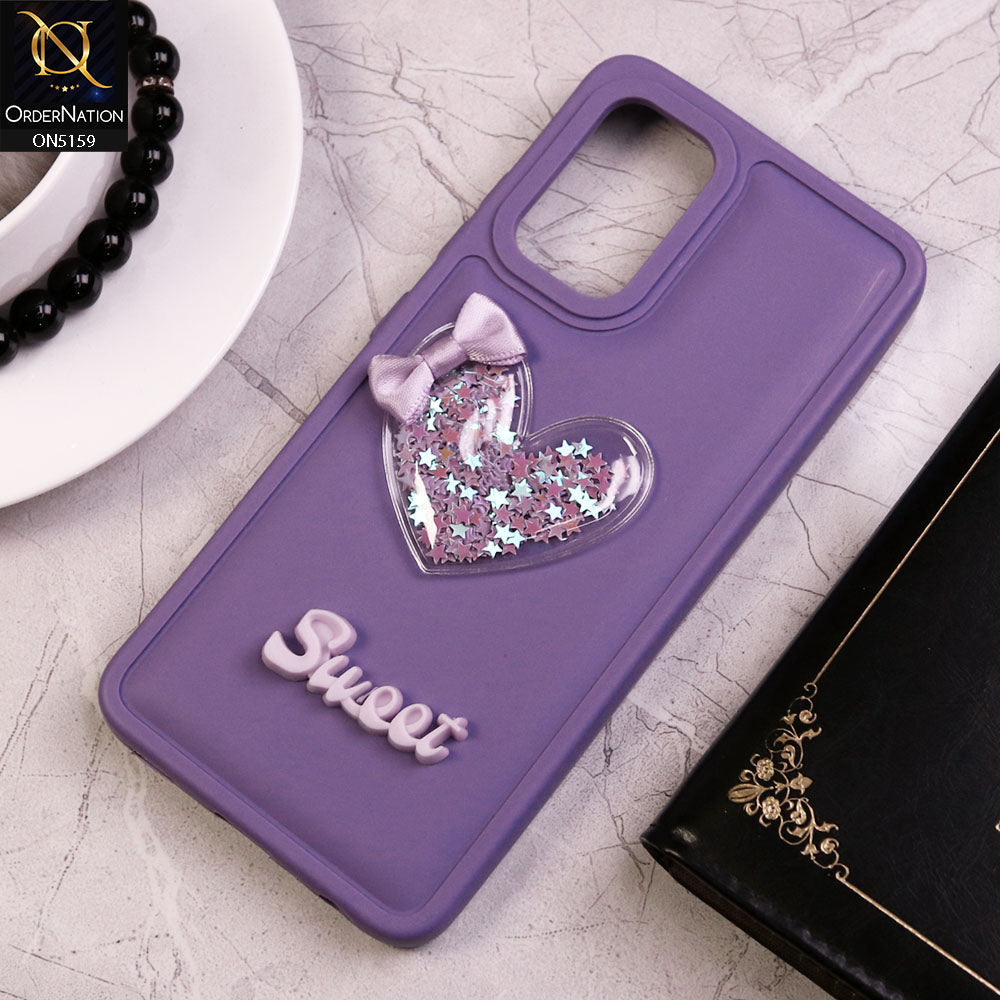 Samsung Galaxy A32 Cover - Purple - New Trendy 3D Love Heart (Moving Shiny Stars Glitter) & Bow Candy Color Soft Silicon Case