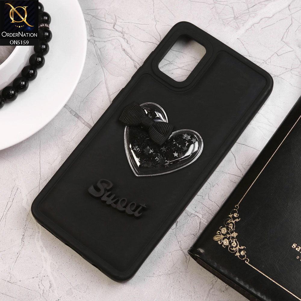 Samsung Galaxy A51 Cover - Black - New Trendy 3D Love Heart (Moving Shiny Stars Glitter) & Bow Candy Color Soft Silicon Case