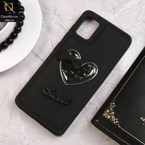 Samsung Galaxy A51 Cover - Black - New Trendy 3D Love Heart (Moving Shiny Stars Glitter) & Bow Candy Color Soft Silicon Case