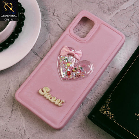 Samsung Galaxy A51 Cover - Pink - New Trendy 3D Love Heart (Moving Shiny Stars Glitter) & Bow Candy Color Soft Silicon Case