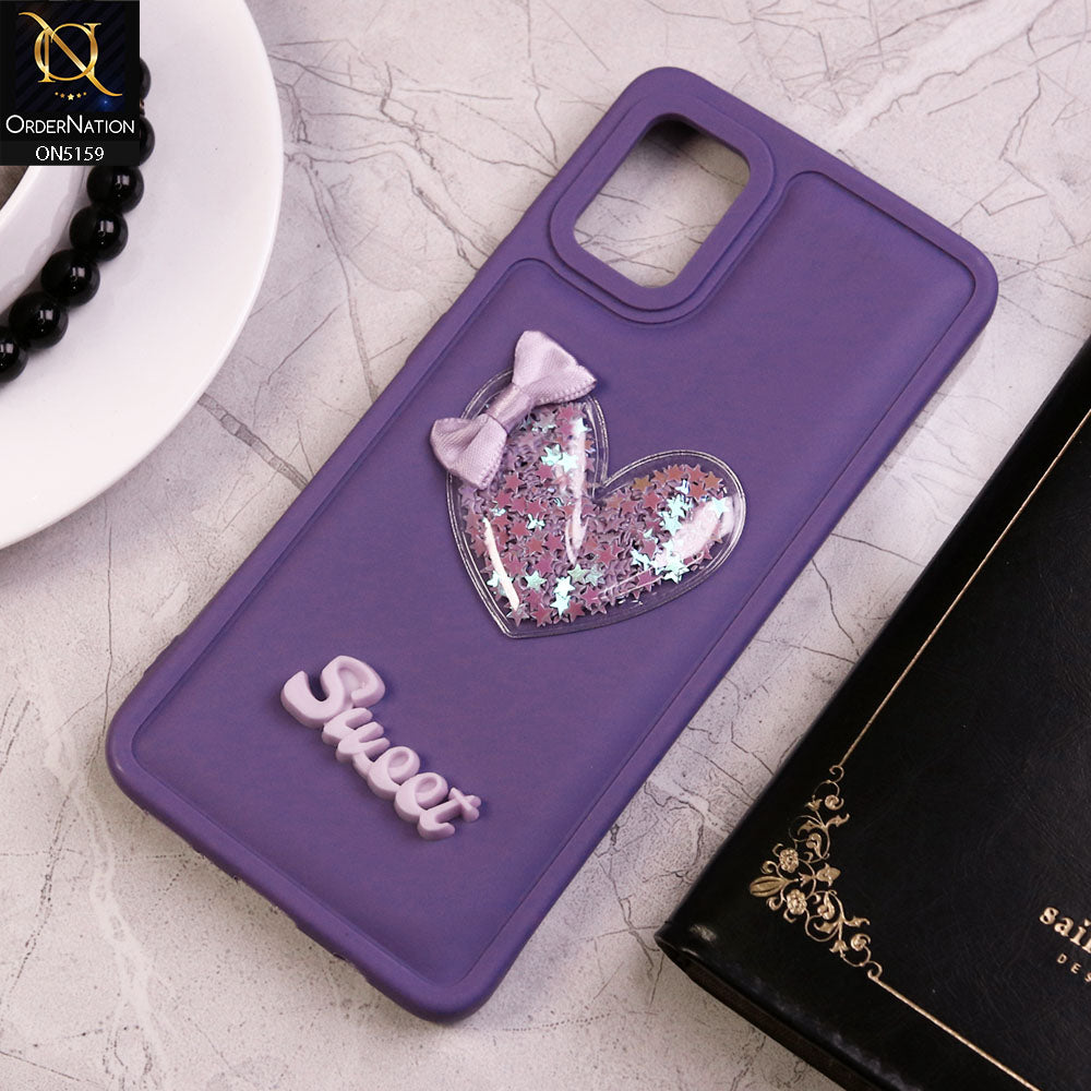 Samsung Galaxy A51 Cover - Purple - New Trendy 3D Love Heart (Moving Shiny Stars Glitter) & Bow Candy Color Soft Silicon Case