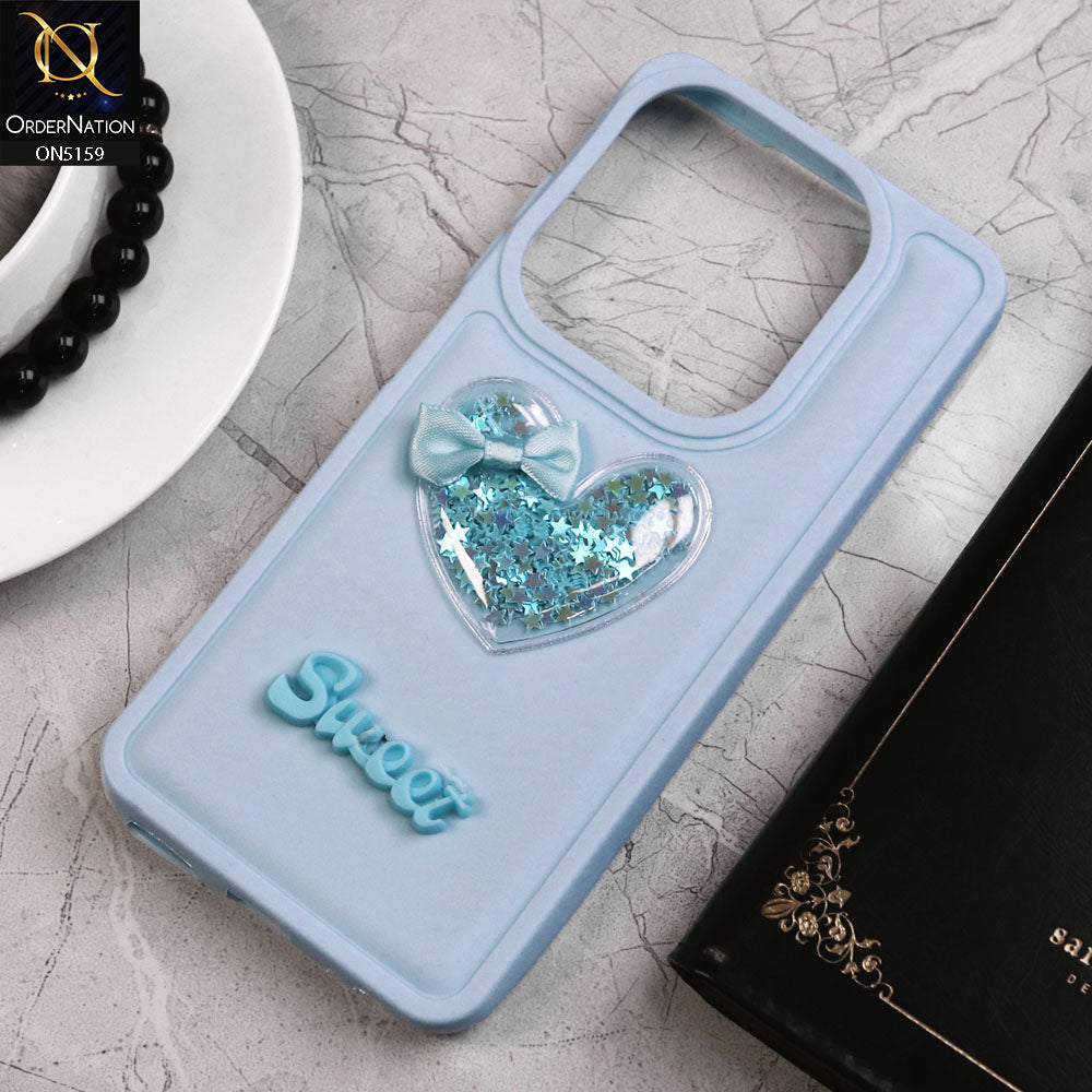 Tecno Spark Go 2024 Cover - Blue - New Trendy 3D Love Heart (Moving Shiny Stars Glitter) & Bow Candy Color Soft Silicon Case
