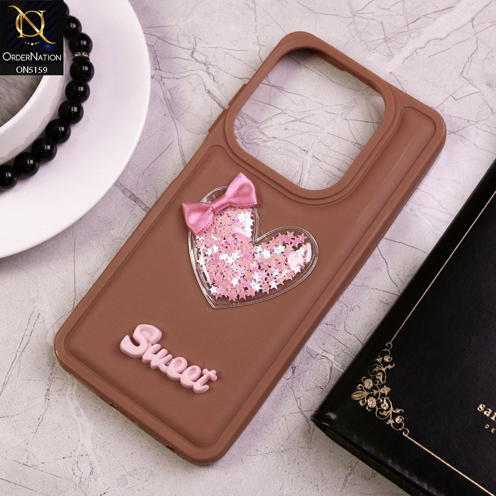 Tecno Spark 20 Cover - Brown - New Trendy 3D Love Heart (Moving Shiny Stars Glitter) & Bow Candy Color Soft Silicon Case