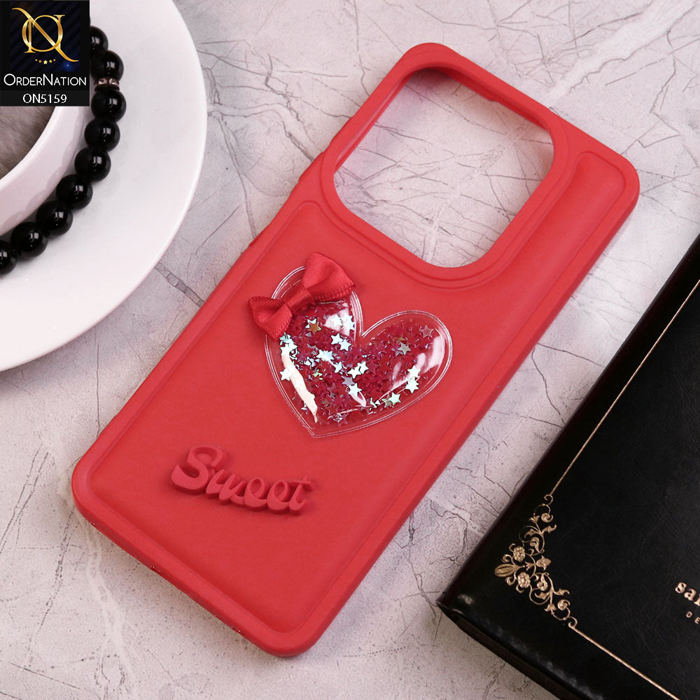 Tecno Spark Go 2024 Cover - Red - New Trendy 3D Love Heart (Moving Shiny Stars Glitter) & Bow Candy Color Soft Silicon Case