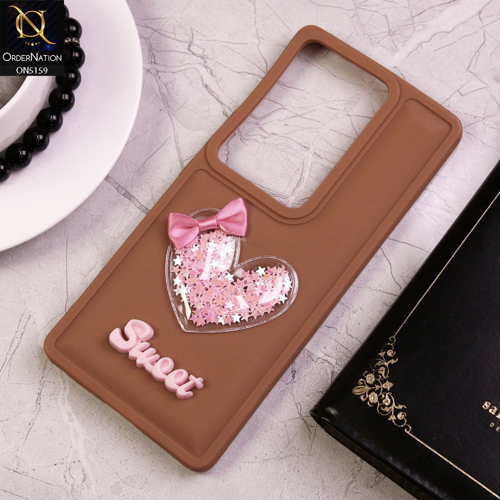 Vivo V29 Cover - Brown - New Trendy 3D Love Heart (Moving Shiny Stars Glitter) & Bow Candy Color Soft Silicon Case