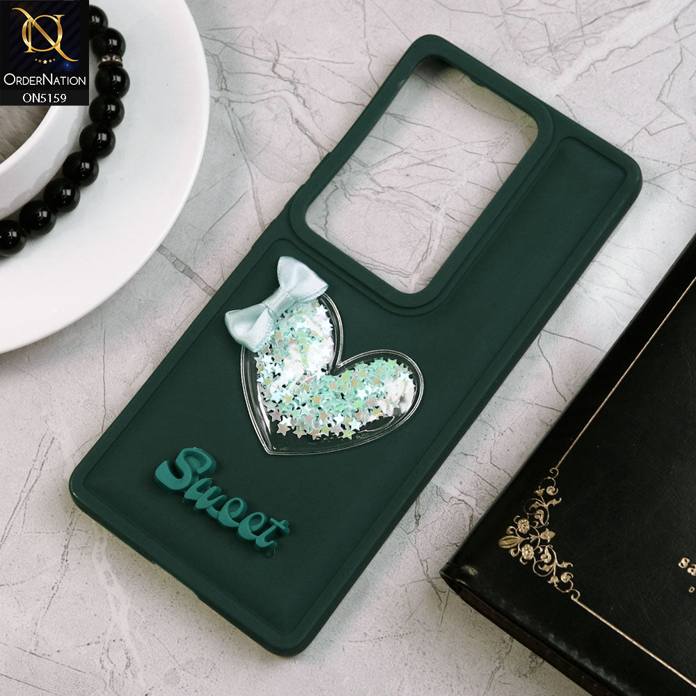 Vivo S17t Cover - Green - New Trendy 3D Love Heart (Moving Shiny Stars Glitter) & Bow Candy Color Soft Silicon Case