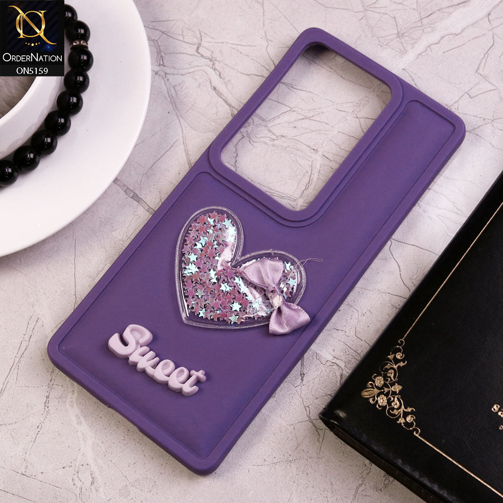 Vivo S17 Cover - Purple - New Trendy 3D Love Heart (Moving Shiny Stars Glitter) & Bow Candy Color Soft Silicon Case
