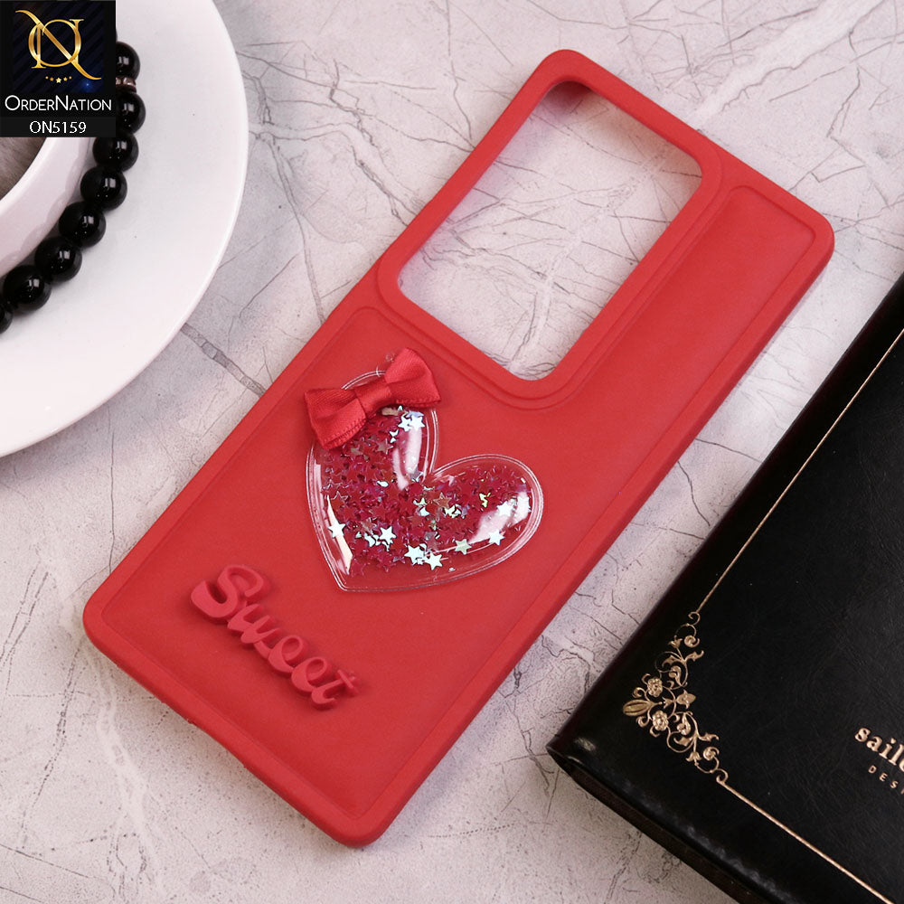 Vivo S17 Cover - Red - New Trendy 3D Love Heart (Moving Shiny Stars Glitter) & Bow Candy Color Soft Silicon Case