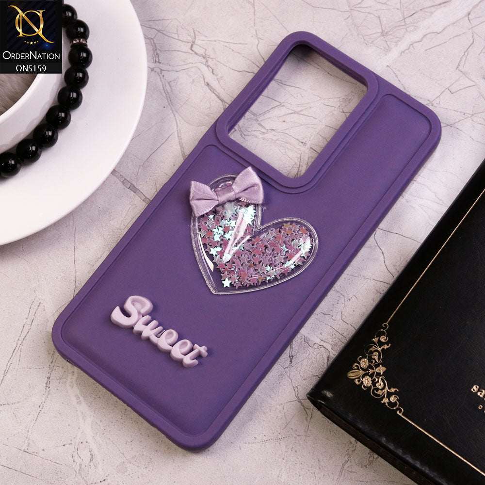 Vivo V29e Cover - Purple - New Trendy 3D Love Heart (Moving Shiny Stars Glitter) & Bow Candy Color Soft Silicon Case