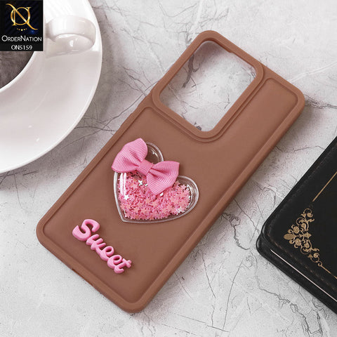 Vivo Y200 5G Cover - Brown - Design 2 - New Trendy 3D Love Heart (Moving Shiny Stars Glitter) & Bow Candy Color Soft Silicon Case