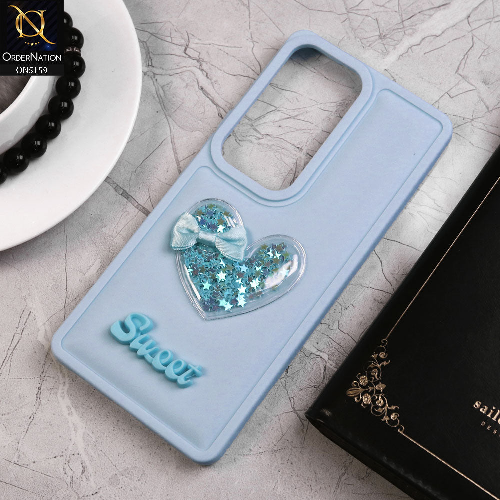 Vivo V30 Cover - Blue - New Trendy 3D Love Heart (Moving Shiny Stars Glitter) & Bow Candy Color Soft Silicon Case