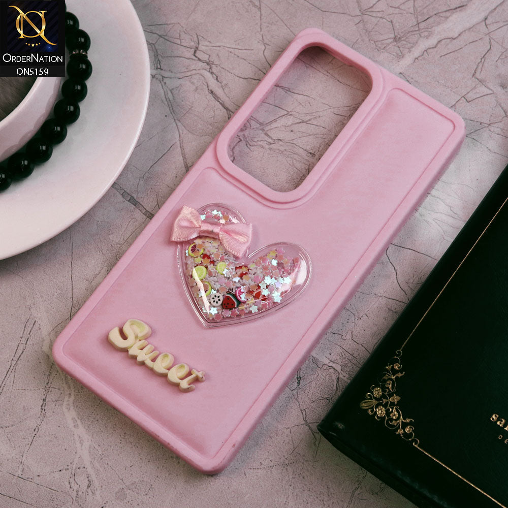 Vivo V30 Cover - Pink - New Trendy 3D Love Heart (Moving Shiny Stars Glitter) & Bow Candy Color Soft Silicon Case
