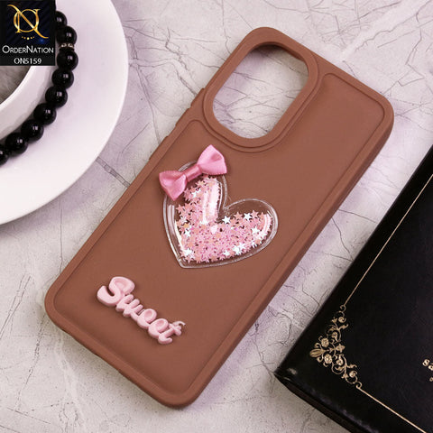 Vivo Y18 Cover - Brown - New Trendy 3D Love Heart (Moving Shiny Stars Glitter) & Bow Candy Color Soft Silicon Case