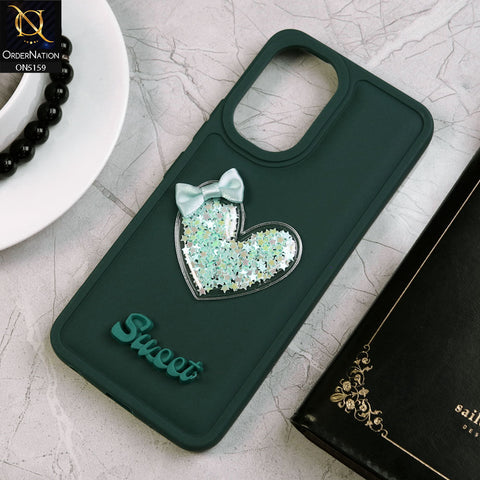 Vivo Y03 Cover - Green - New Trendy 3D Love Heart (Moving Shiny Stars Glitter) & Bow Candy Color Soft Silicon Case