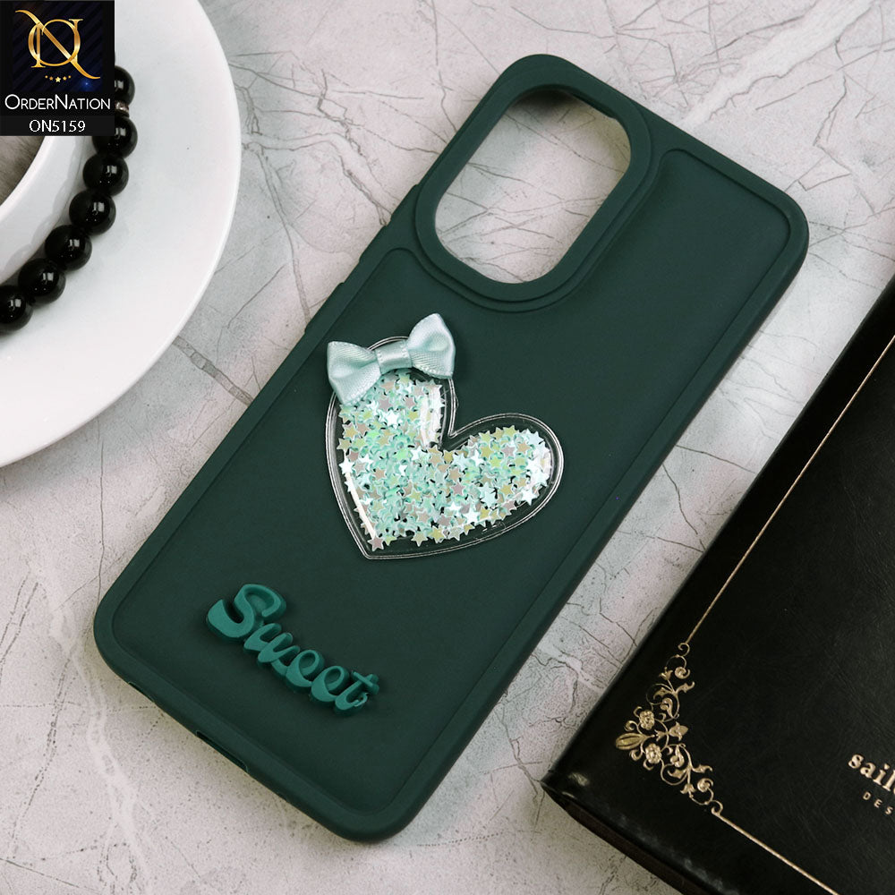 Vivo Y18 Cover - Green - New Trendy 3D Love Heart (Moving Shiny Stars Glitter) & Bow Candy Color Soft Silicon Case