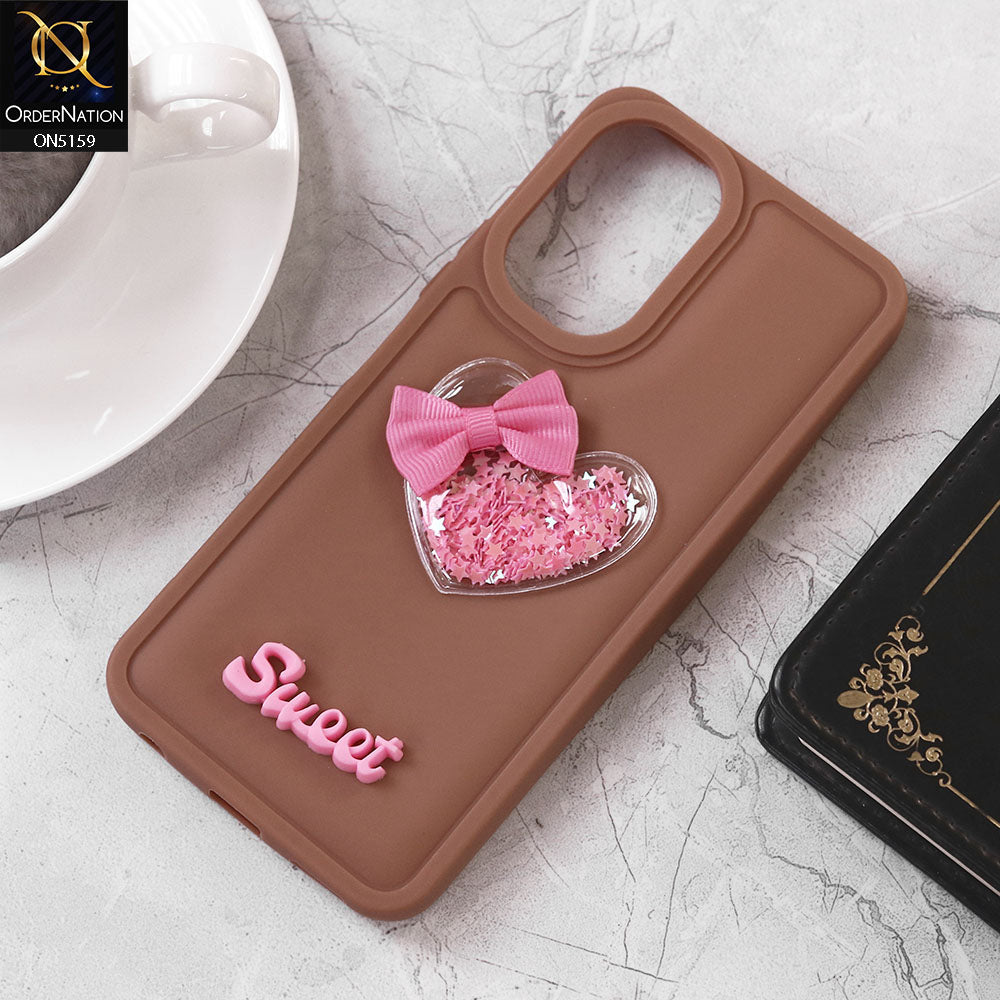Vivo Y03t Cover - Brown - Design 2 - New Trendy 3D Love Heart (Moving Shiny Stars Glitter) & Bow Candy Color Soft Silicon Case