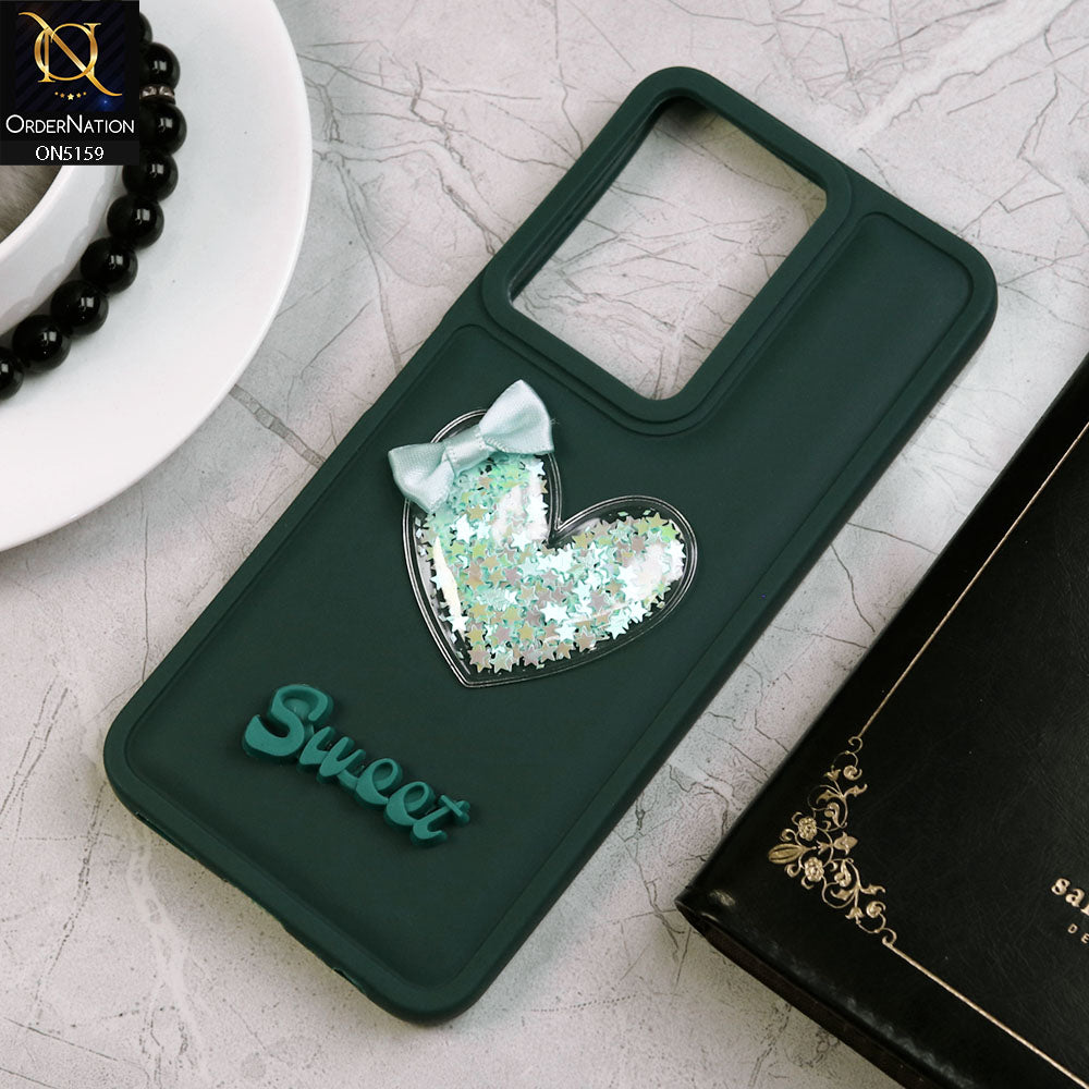 Vivo Y17s Cover - Green - New Trendy 3D Love Heart (Moving Shiny Stars Glitter) & Bow Candy Color Soft Silicon Case