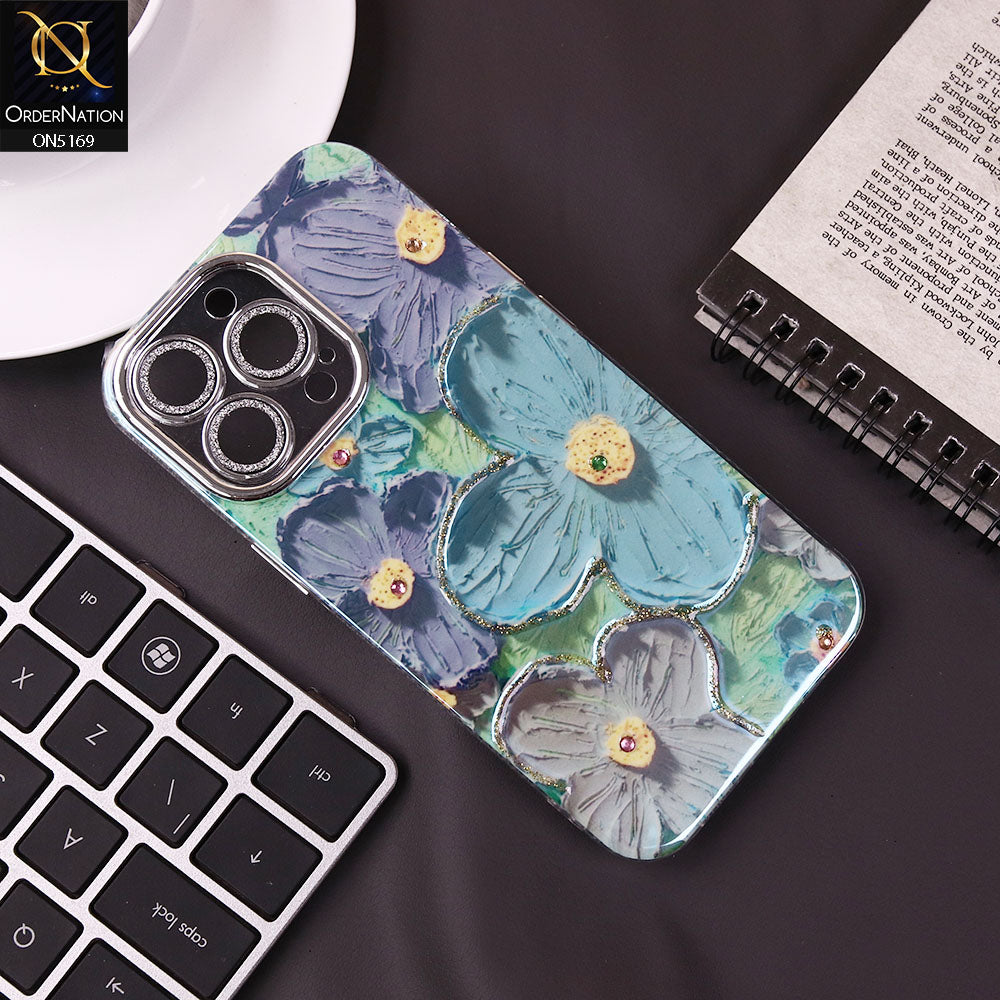 iPhone 14 Pro Cover - Design3 -New Shiny Holographic Floral Design With Stylish Camera Lens Protection Soft Border Case