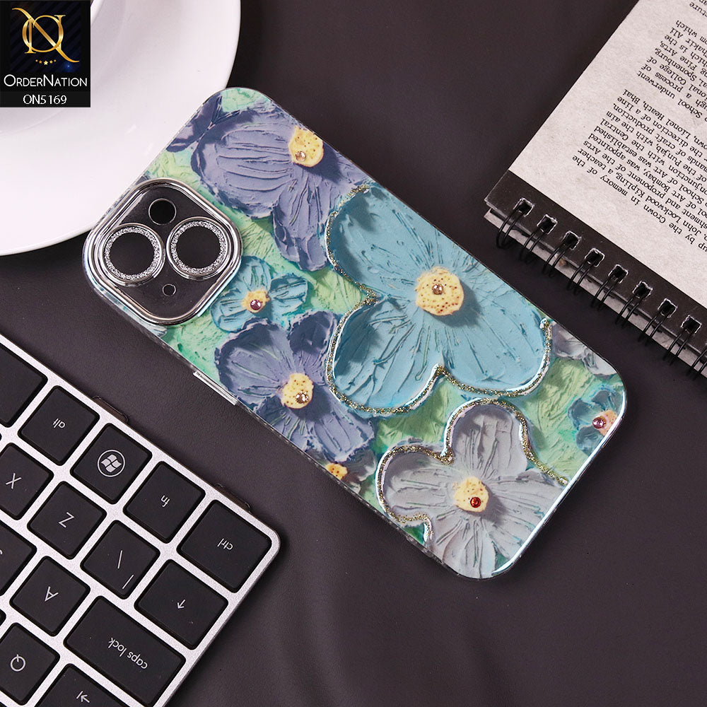 iPhone 15 Cover - Design3 -New Shiny Holographic Floral Design With Stylish Camera Lens Protection Soft Border Case