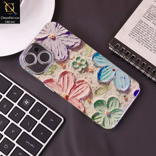 iPhone 15 Cover - Design4 -New Shiny Holographic Floral Design With Stylish Camera Lens Protection Soft Border Case
