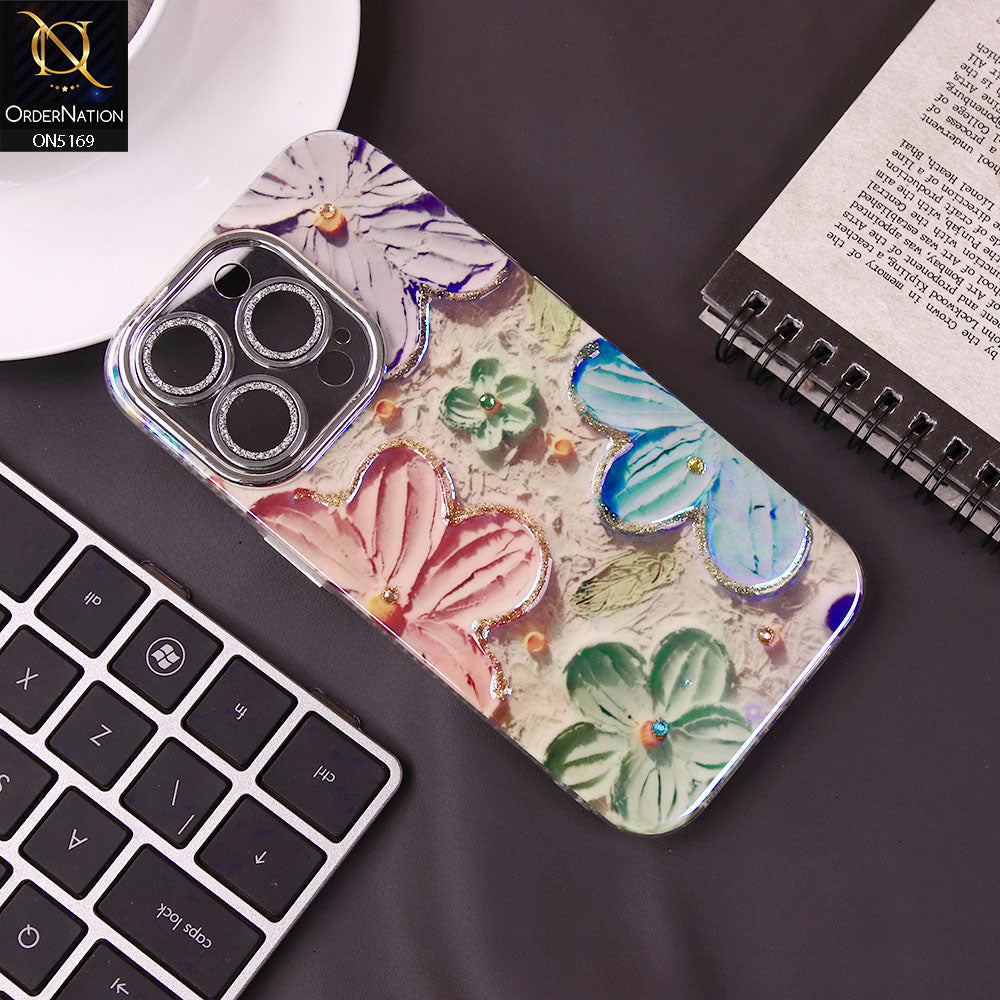 iPhone 15 Pro Cover - Design4 -New Shiny Holographic Floral Design With Stylish Camera Lens Protection Soft Border Case