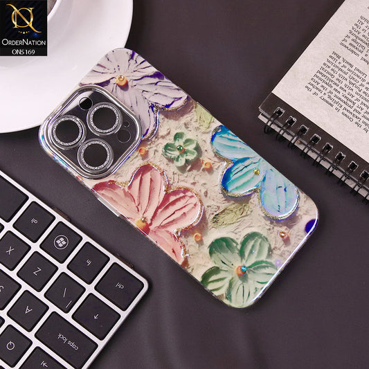 iPhone 15 Pro Cover - Design4 -New Shiny Holographic Floral Design With Stylish Camera Lens Protection Soft Border Case