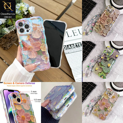iPhone 12 Cover - Design2 - New Holographic Shine Oil Painting Flowers Design Curvy Borders Protective Case With Tussle Holder