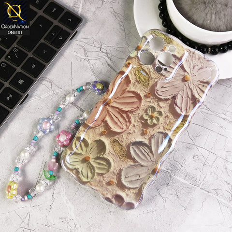 iPhone 12 Pro Max Cover - Design1 - New Holographic Shine Oil Painting Flowers Design Curvy Borders Protective Case With Tussle Holder