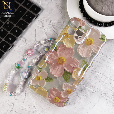 iPhone 12 Pro Max Cover - Design3 - New Holographic Shine Oil Painting Flowers Design Curvy Borders Protective Case With Tussle Holder