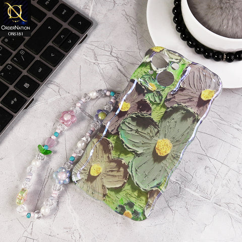 iPhone 13 Cover - Design2 - New Holographic Shine Oil Painting Flowers Design Curvy Borders Protective Case With Tussle Holder