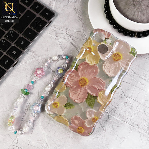 iPhone 13 Cover - Design3 - New Holographic Shine Oil Painting Flowers Design Curvy Borders Protective Case With Tussle Holder