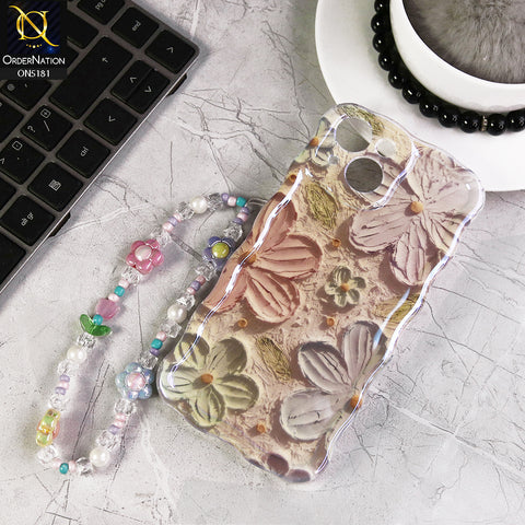iPhone 14 Cover - Design1 - New Holographic Shine Oil Painting Flowers Design Curvy Borders Protective Case With Tussle Holder