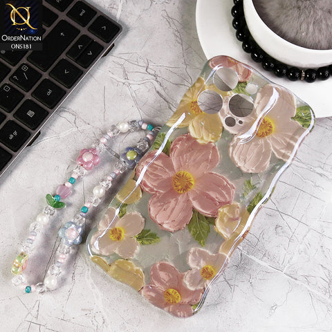 iPhone 15 Pro Cover - Design3 - New Holographic Shine Oil Painting Flowers Design Curvy Borders Protective Case With Tussle Holder