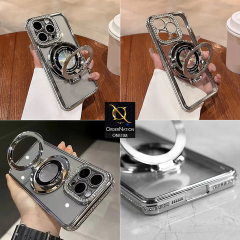 Xiaomi Redmi Note 14 Pro 4G Cover - Silver - Luxury Diamond Rhinestones Color Electroplating Borders Magsafe Magnetic Stand Holder Soft Clear Case With Camera Protection