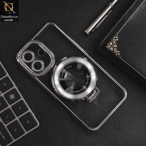 iPhone 16 Cover - Silver - Luxury Diamond Rhinestones Color Electroplating Borders Magsafe Magnetic Stand Holder Soft Clear Case With Camera Protection