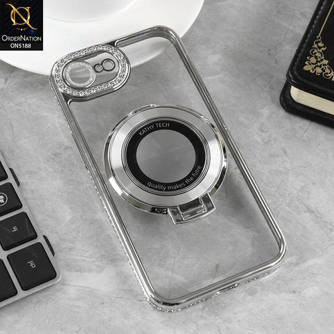 iPhone 16e Cover - Silver - Luxury Diamond Rhinestones Color Electroplating Borders Magsafe Magnetic Stand Holder Soft Clear Case With Camera Protection