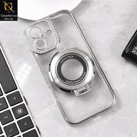 iPhone 17 Cover - Silver - Luxury Diamond Rhinestones Color Electroplating Borders Magsafe Magnetic Stand Holder Soft Clear Case With Camera Protection