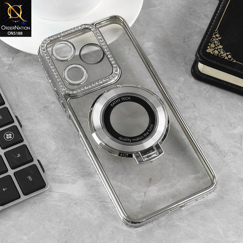 Xiaomi Redmi 13 5G Cover - Silver - Luxury Diamond Rhinestones Color Electroplating Borders Magsafe Magnetic Stand Holder Soft Clear Case With Camera Protection